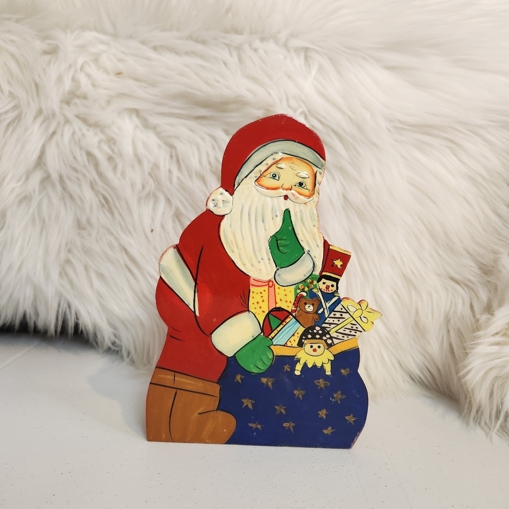 Vintage Wood Santa Sack Toys Traditional Home Decor Napkin Holder Kitsch Painted